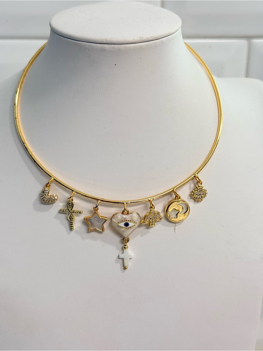 Gold Charm Choker Necklace with Heart, Cross & Star Pendants